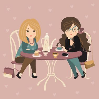37145696 - two fashion girls chatting at a cafe. vector illustration